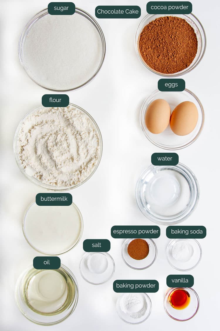 overhead shot of ingredients needed to make chocolate cake