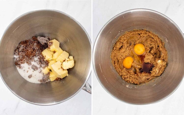 process shots showing how to make chocolate chip cookie ice cream sandwiches.