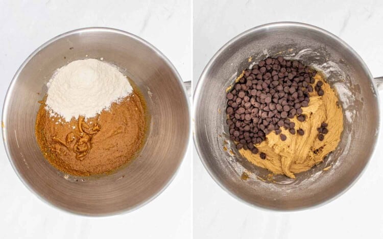 process shots showing how to make chocolate chip cookie ice cream sandwiches.