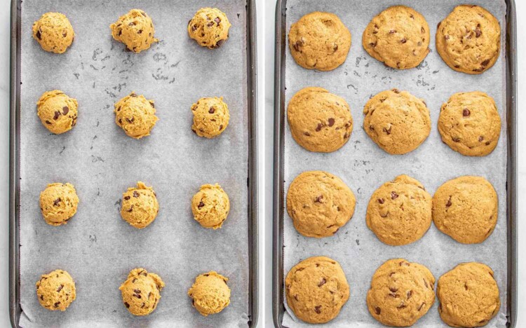 process shots showing how to make chocolate chip cookie ice cream sandwiches.