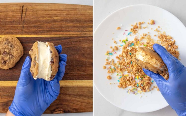 process shots showing how to make chocolate chip cookie ice cream sandwiches.