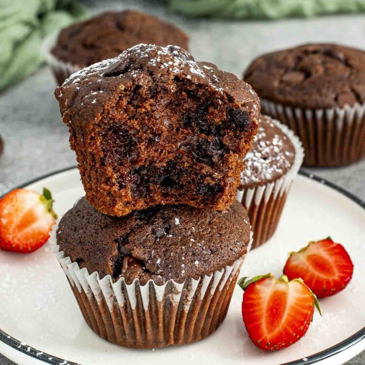 chocolate muffins on a white plate.