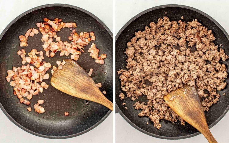 process shots showing how to make cowboy baked beans.