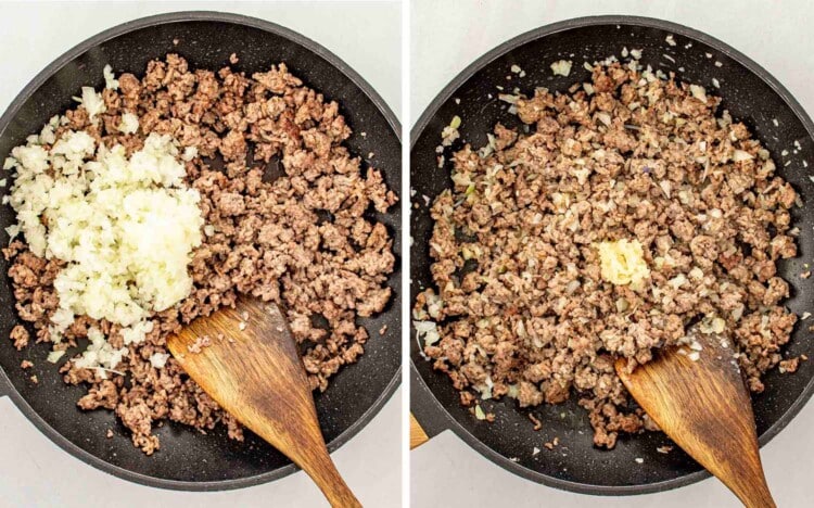 process shots showing how to make cowboy baked beans.