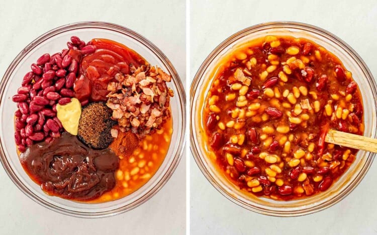process shots showing how to make cowboy baked beans.