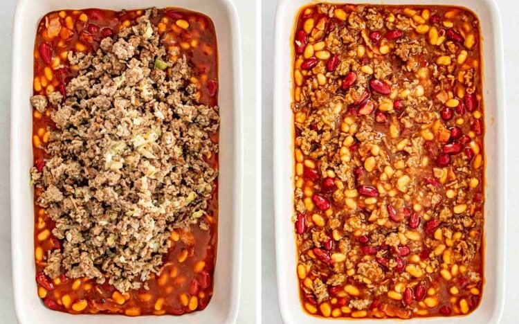 process shots showing how to make cowboy baked beans.