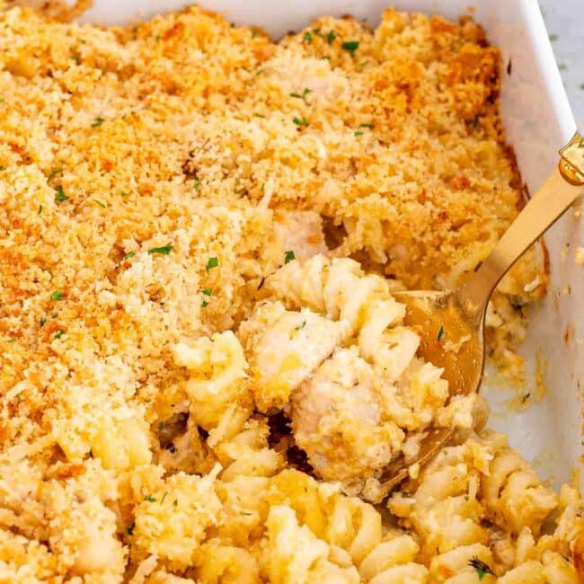 creamy chicken casserole in a white casserole dish fresh out of the oven with a serving spoon inside.