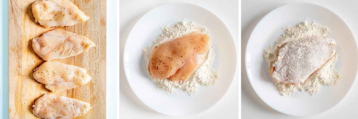 process shots showing how to prep chicken breasts for making creamy chicken piccata.