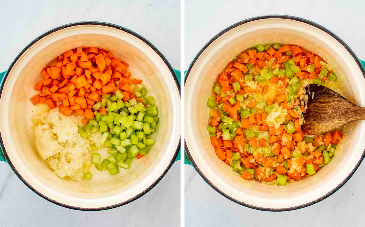 process shots showing how to make creamy chicken wild rice soup.