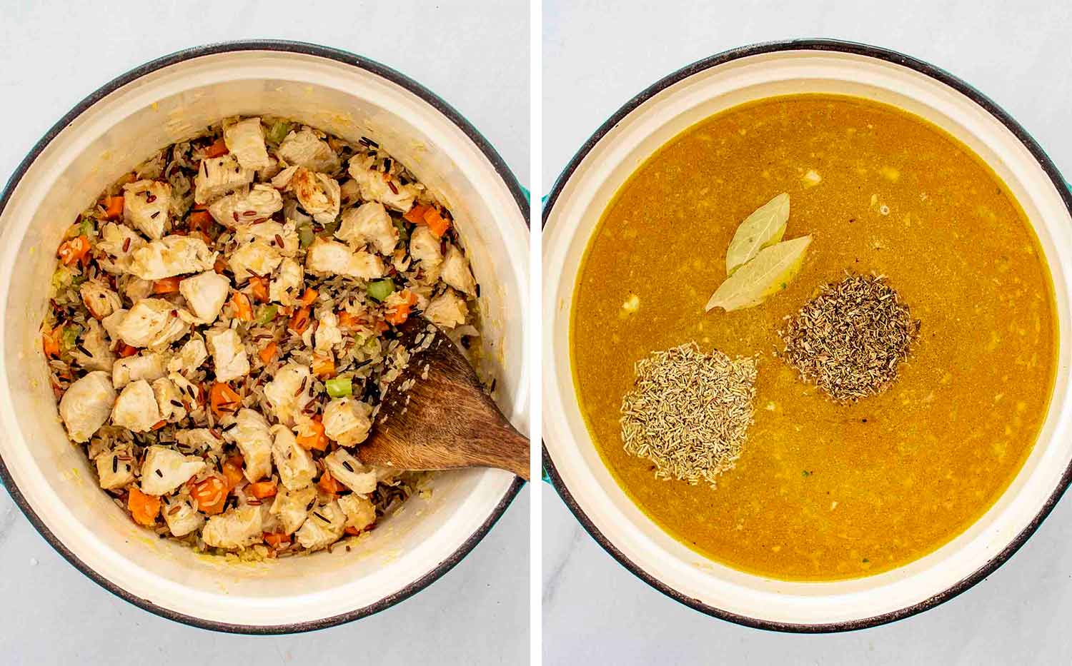 process shots showing how to make creamy chicken wild rice soup.