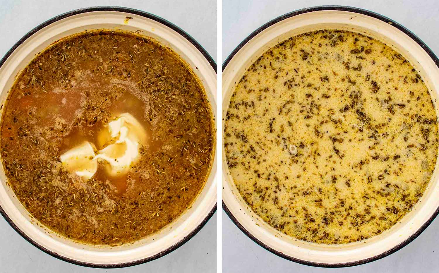 process shots showing how to make creamy chicken wild rice soup.