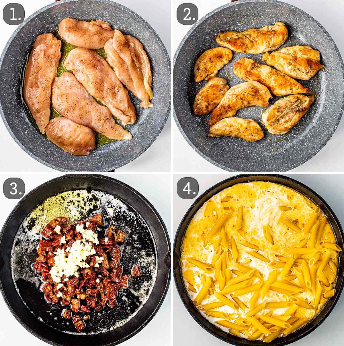 detailed process shots showing how to make creamy tuscan chicken pasta.