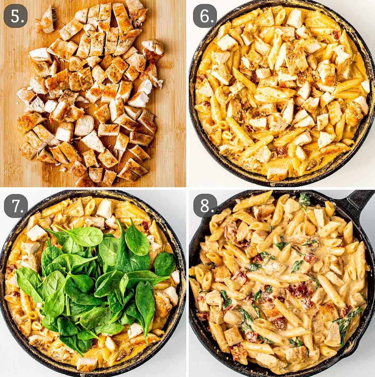 detailed process shots showing how to finish making creamy tuscan chicken pasta.