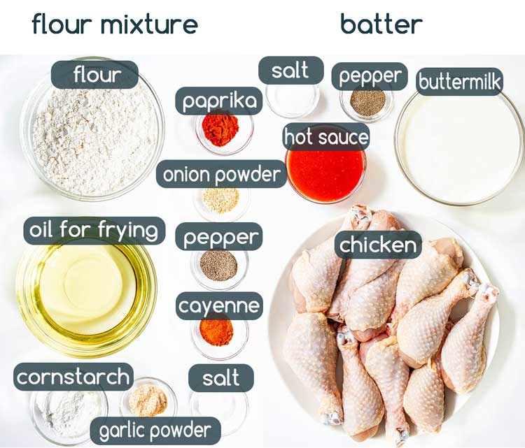 overhead shot of all ingredients needed to make crispy fried chicken