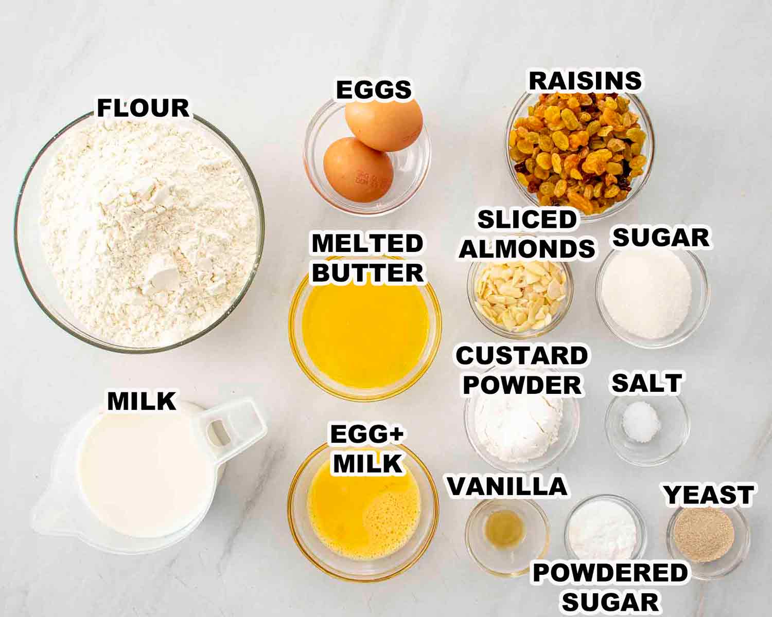 ingredients needed to make custard raisin rolls.