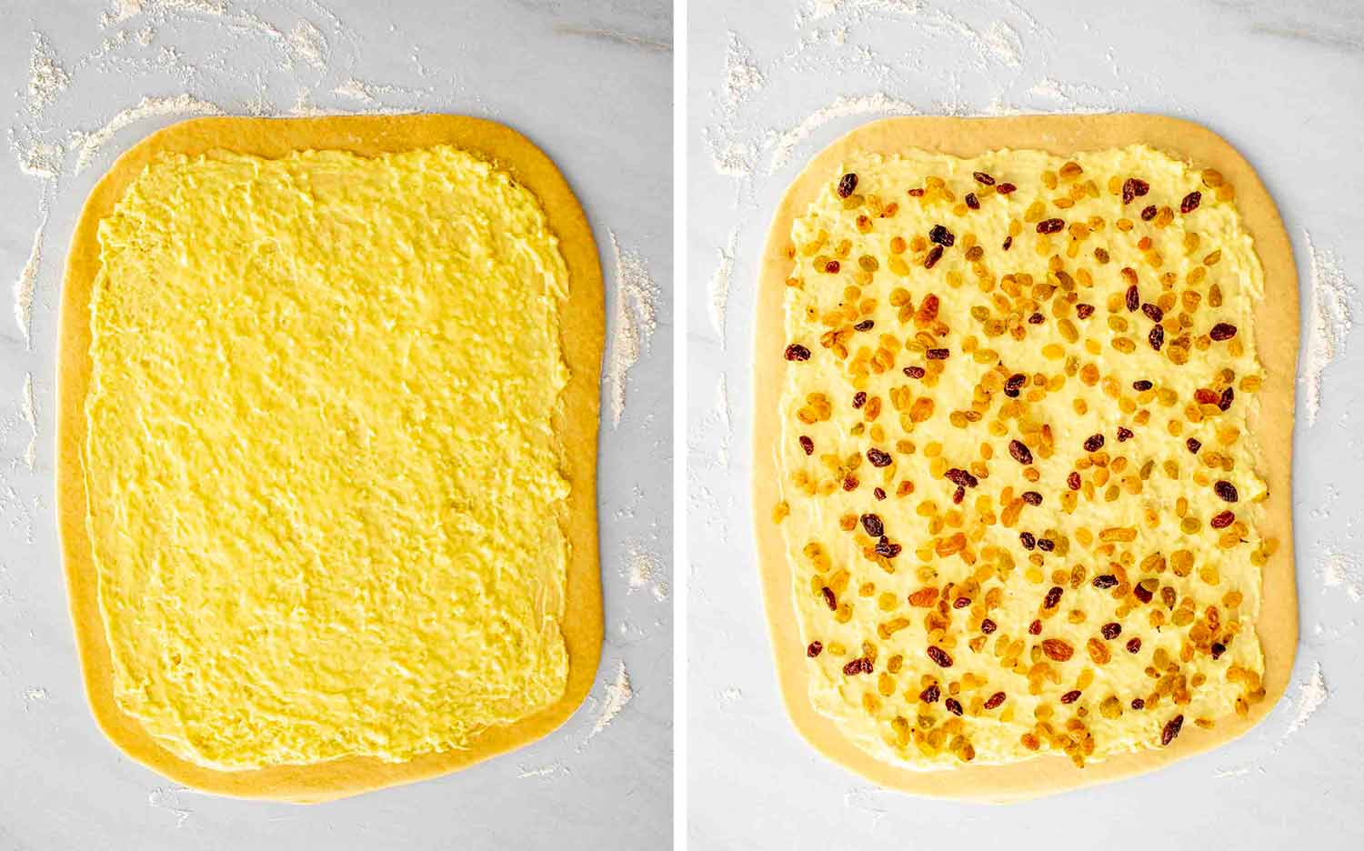 process shots showing how to make custard raisin rolls.