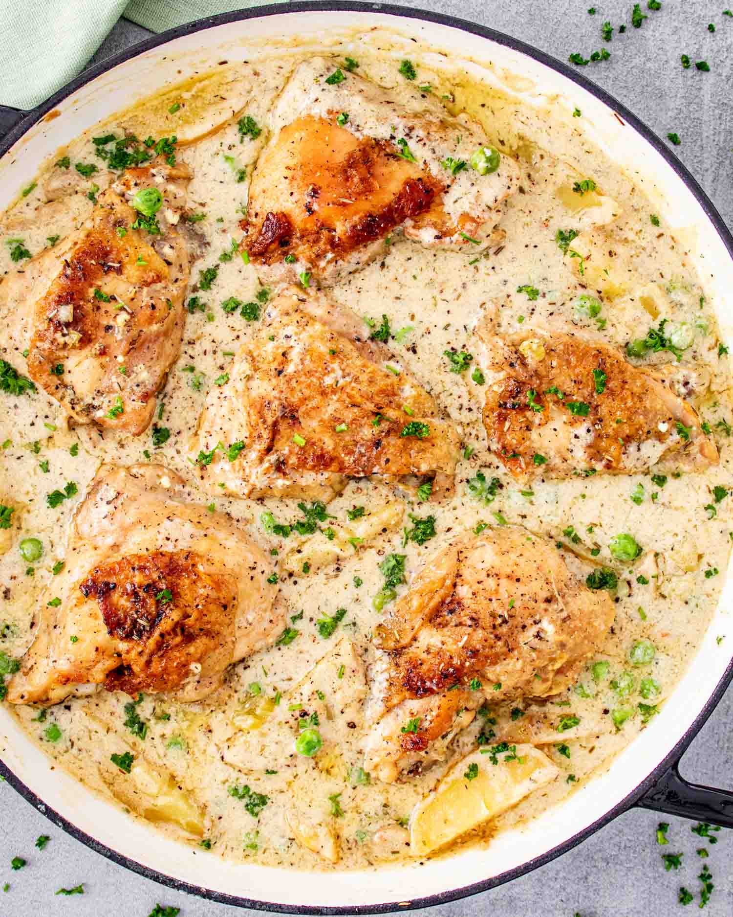 freshly made french chicken casserole in a dutch oven.