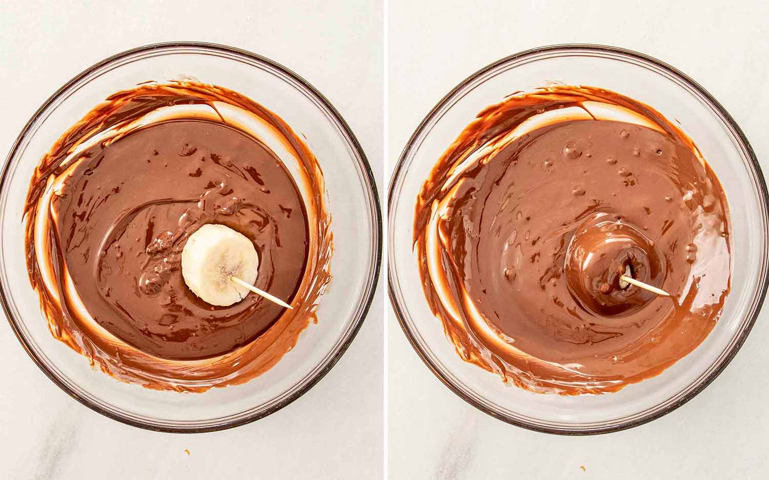 process shots showing how to make frozen chocolate banana bites.