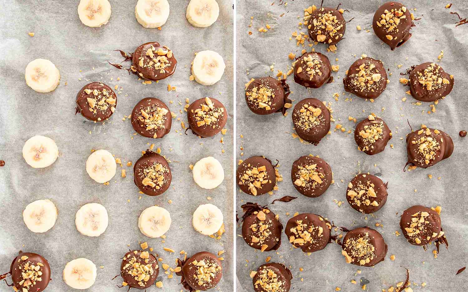 process shots showing how to make frozen chocolate banana bites.