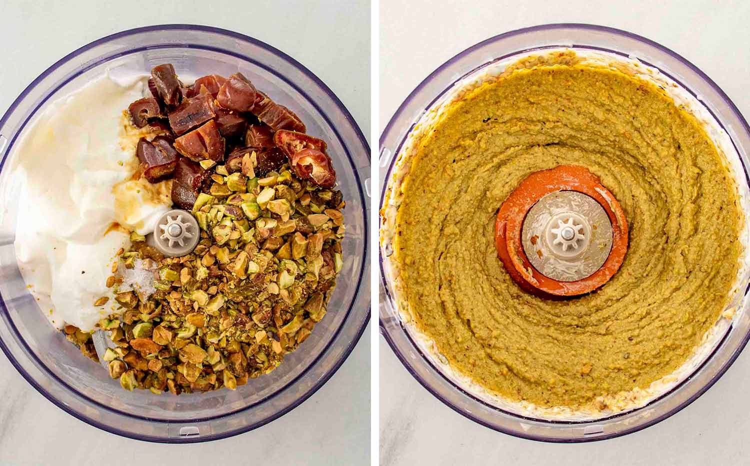 process shots showing how to make frozen pistachio and date chocolate bites.