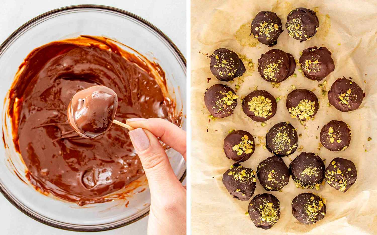 process shots showing how to make frozen pistachio and date chocolate bites.