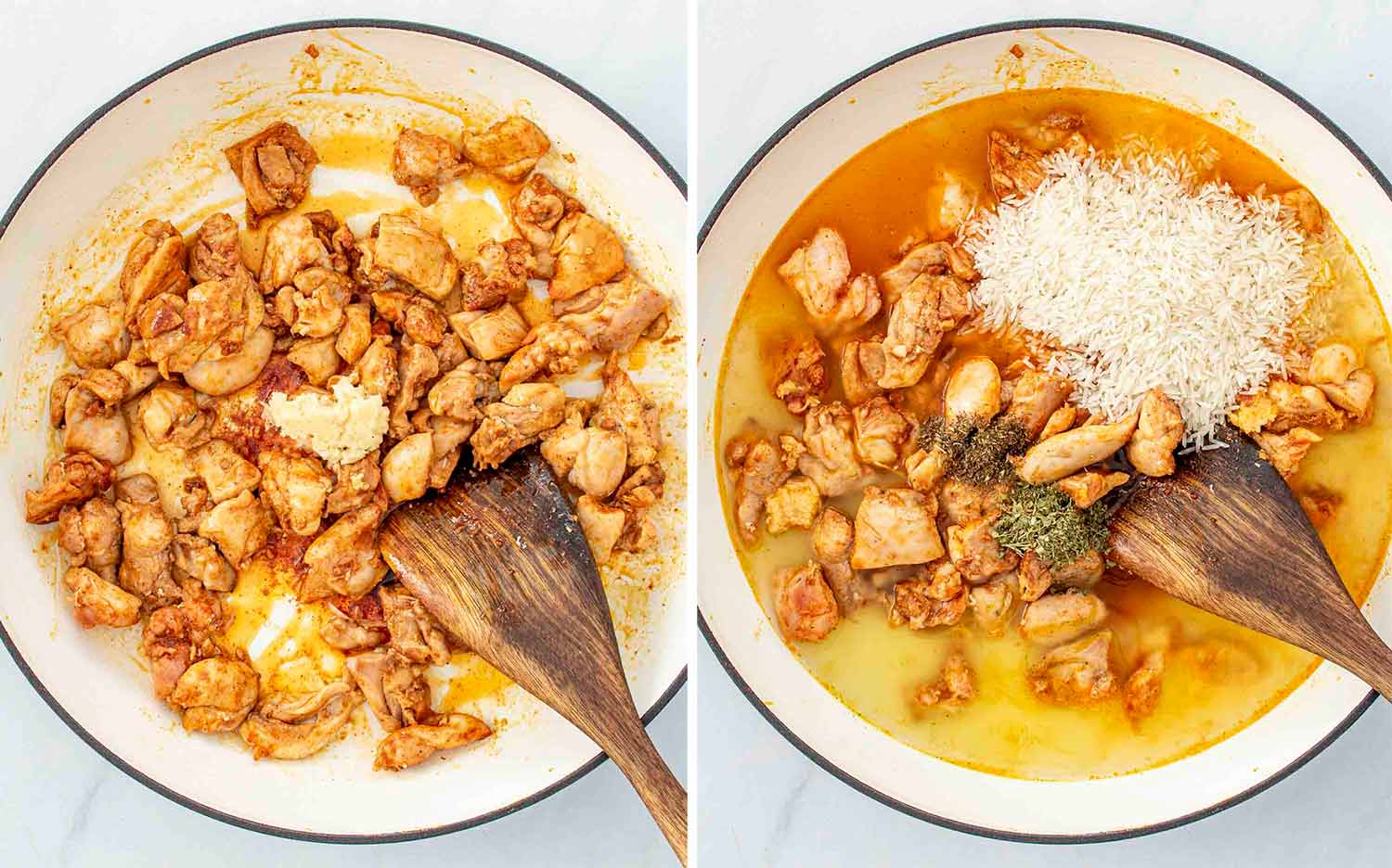 process shots showing how to make one pot garlic butter chicken and rice.