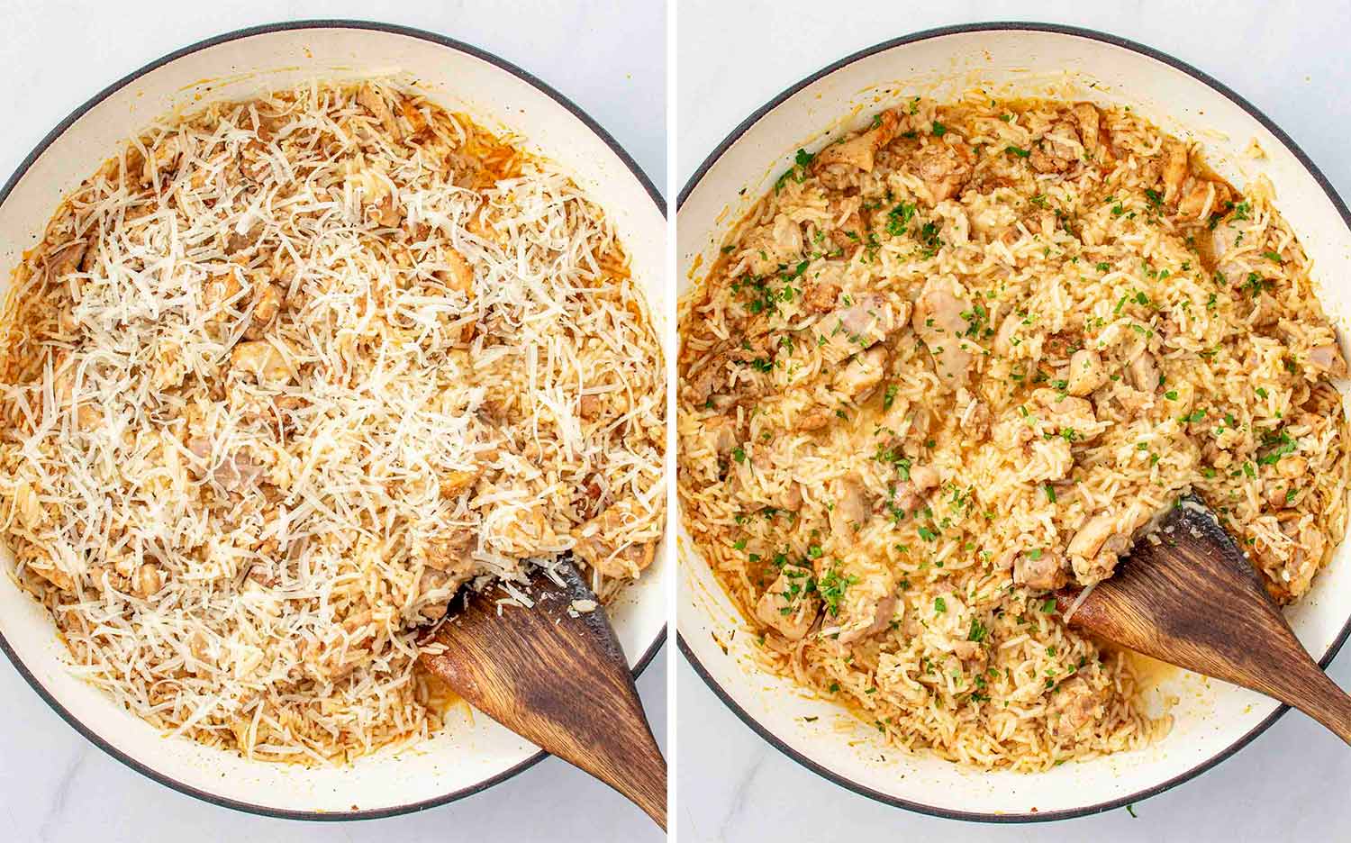 process shots showing how to make one pot garlic butter chicken and rice.