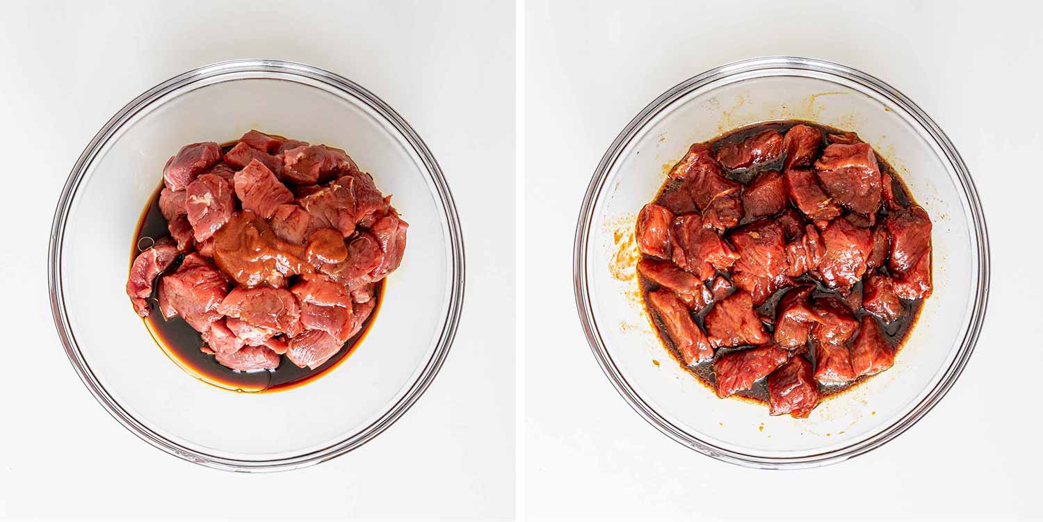 process shots showing how to make garlic butter steak and potatoes.