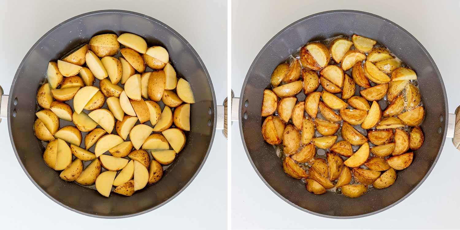 process shots showing how to make garlic butter steak and potatoes.