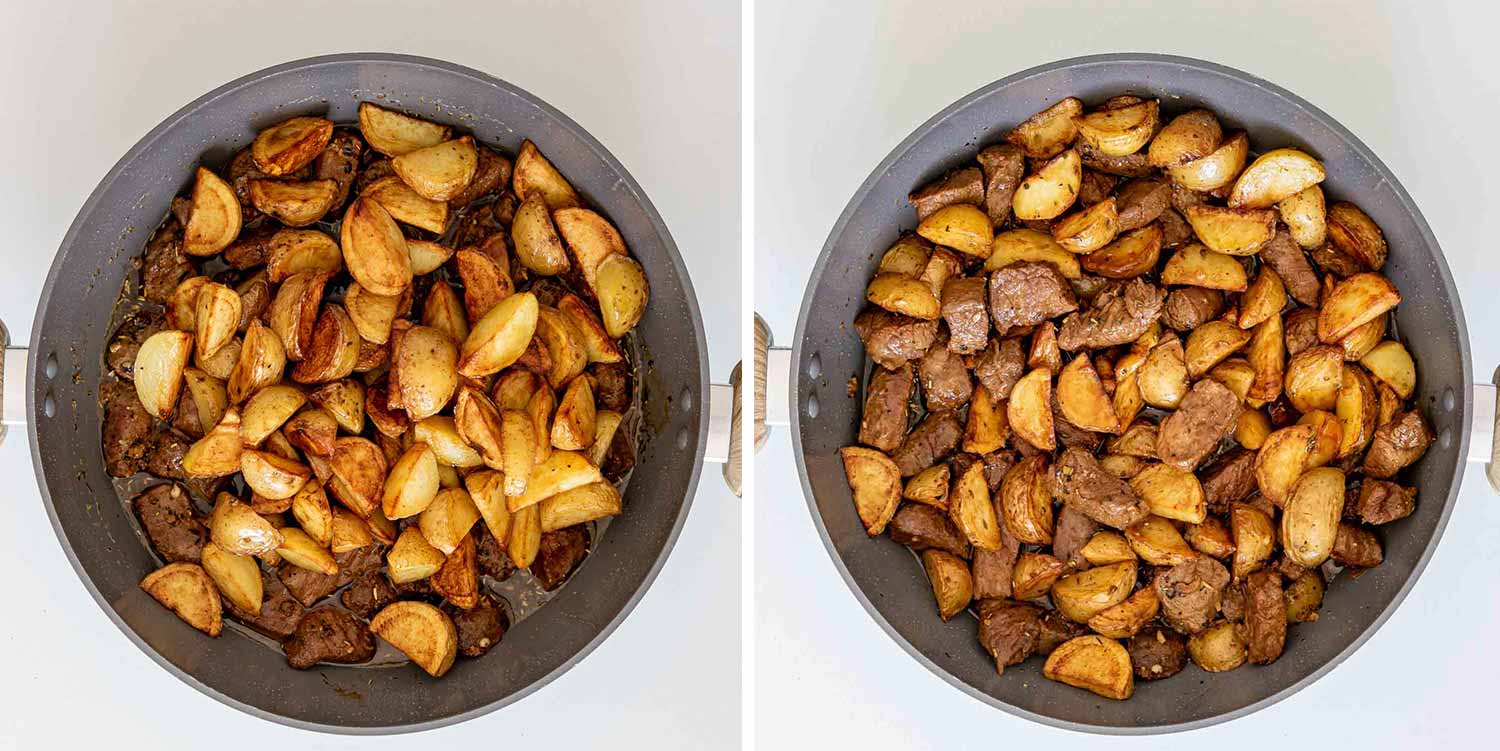 process shots showing how to make garlic butter steak and potatoes.