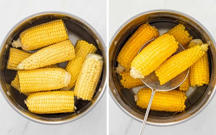 process shots showing how to make garlic parmesan corn on the cob.