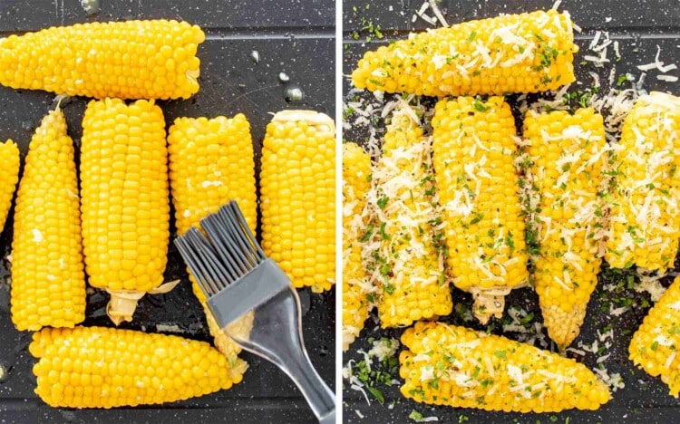 process shots showing how to make garlic parmesan corn on the cob.