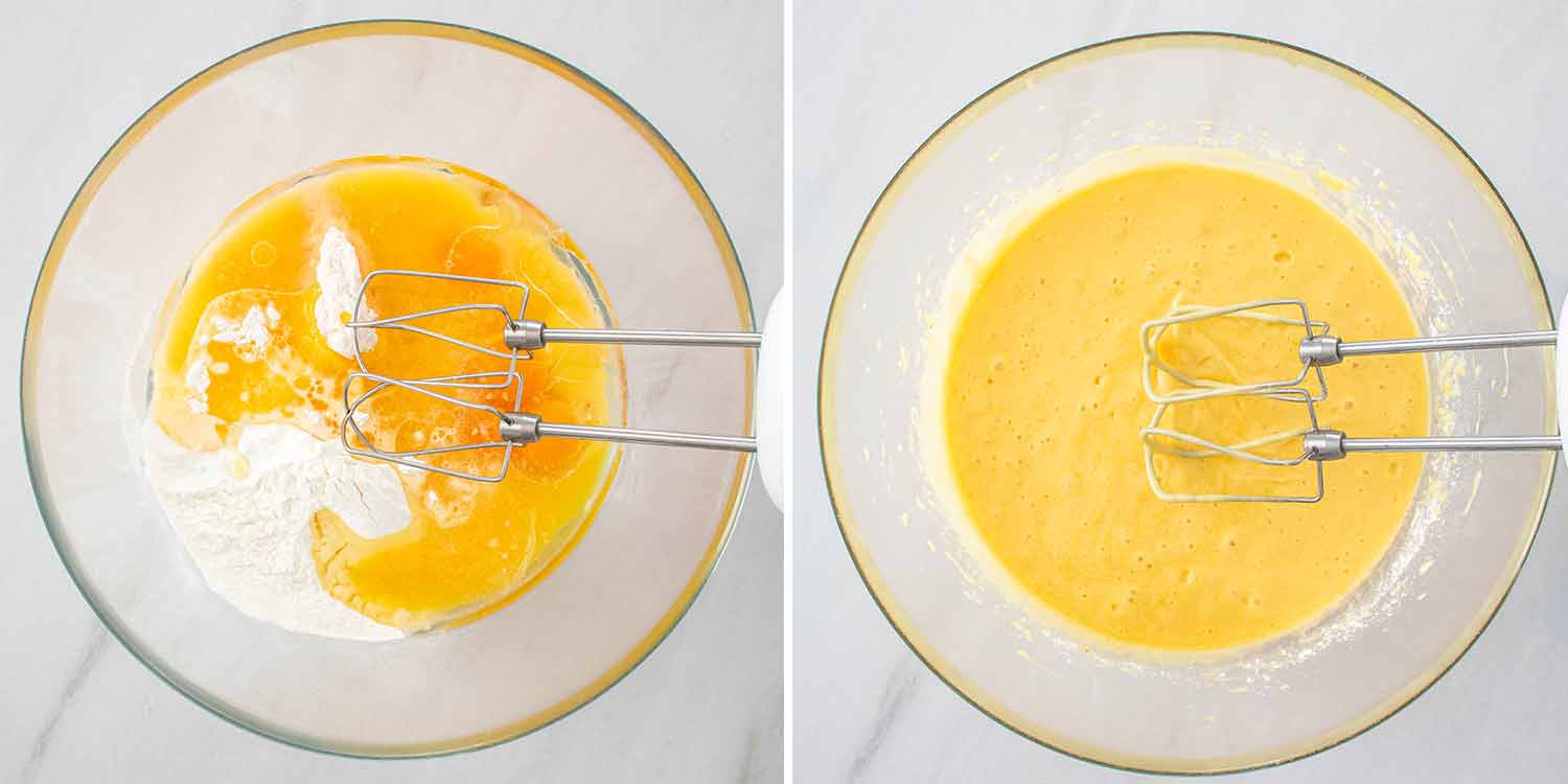 process shots showing how to make harvey wallbanger cake.