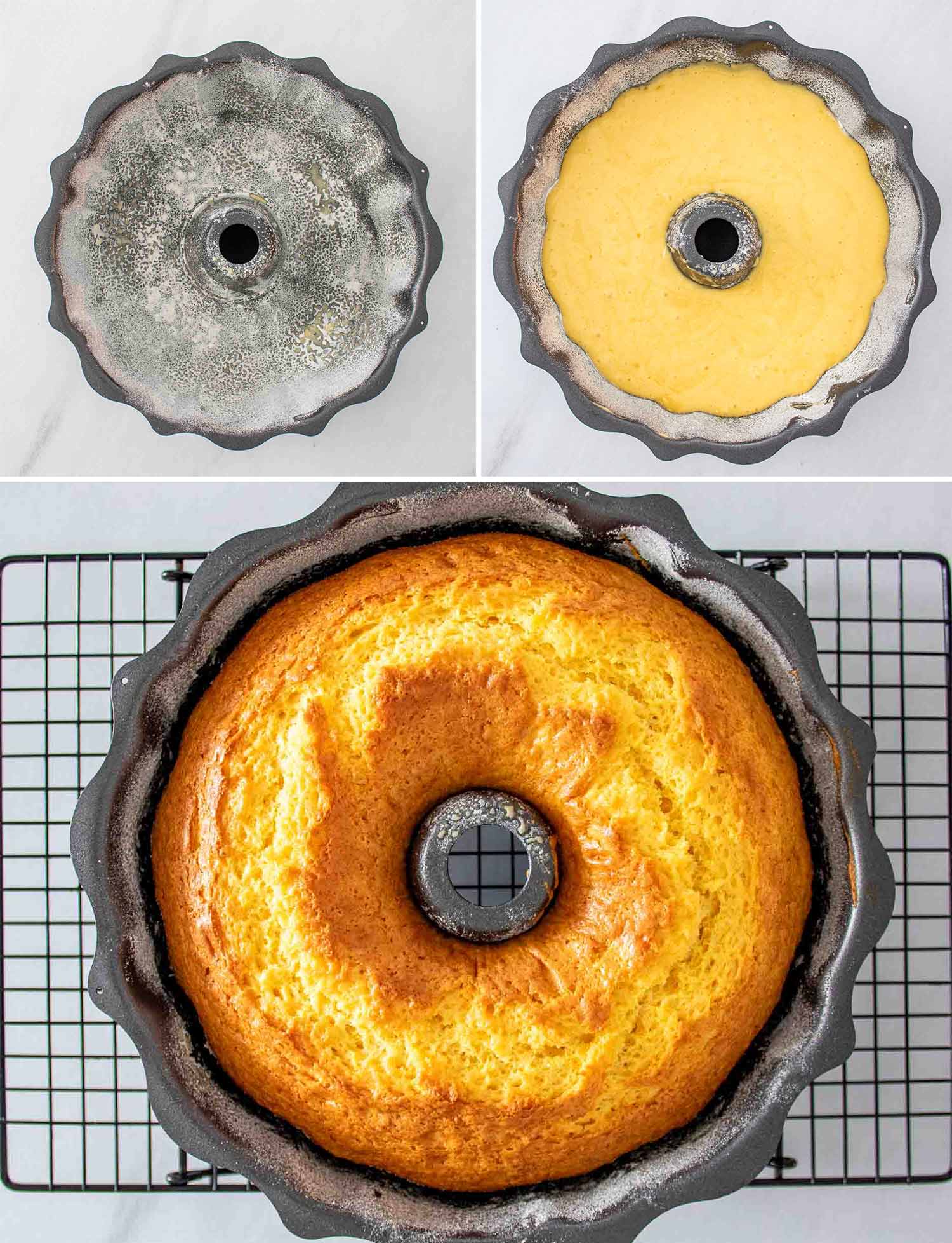 process shots showing how to make harvey wallbanger cake.
