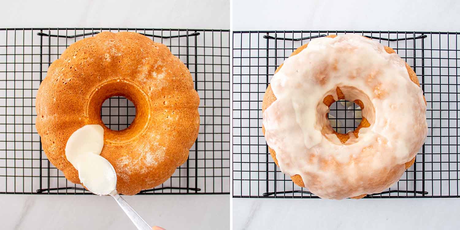 process shots showing how to make harvey wallbanger cake.