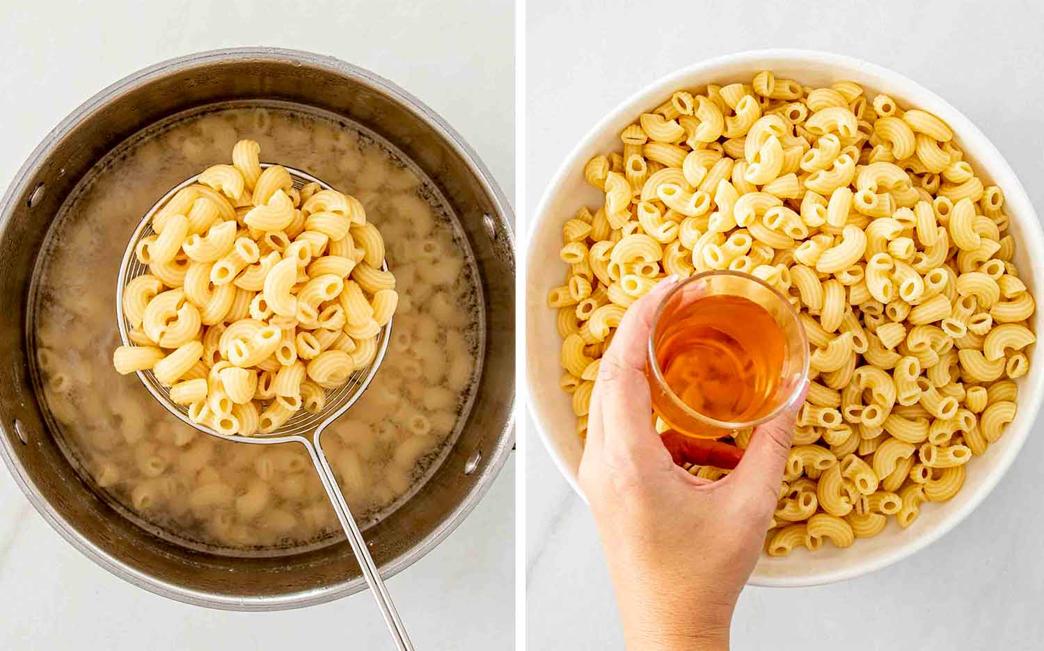 process shots showing how to make hawaiian macaroni salad.