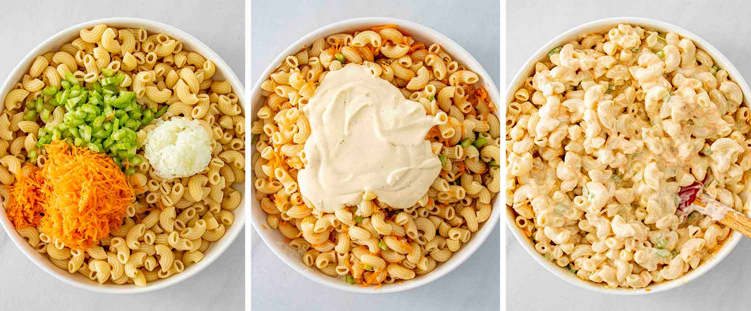 process shots showing how to make hawaiian macaroni salad.