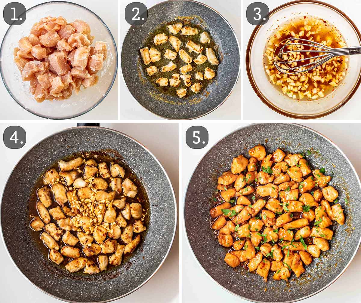 detailed process shots showing how to make honey garlic chicken bites.