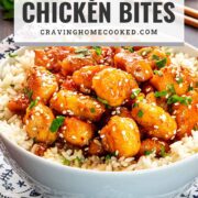 pin for honey garlic chicken bites.