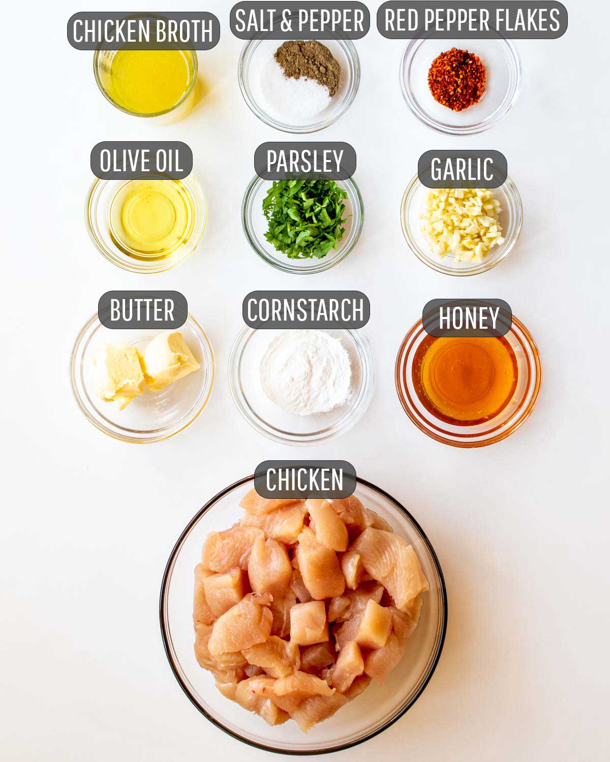 overhead shot of ingredients needed to make honey garlic chicken bites.