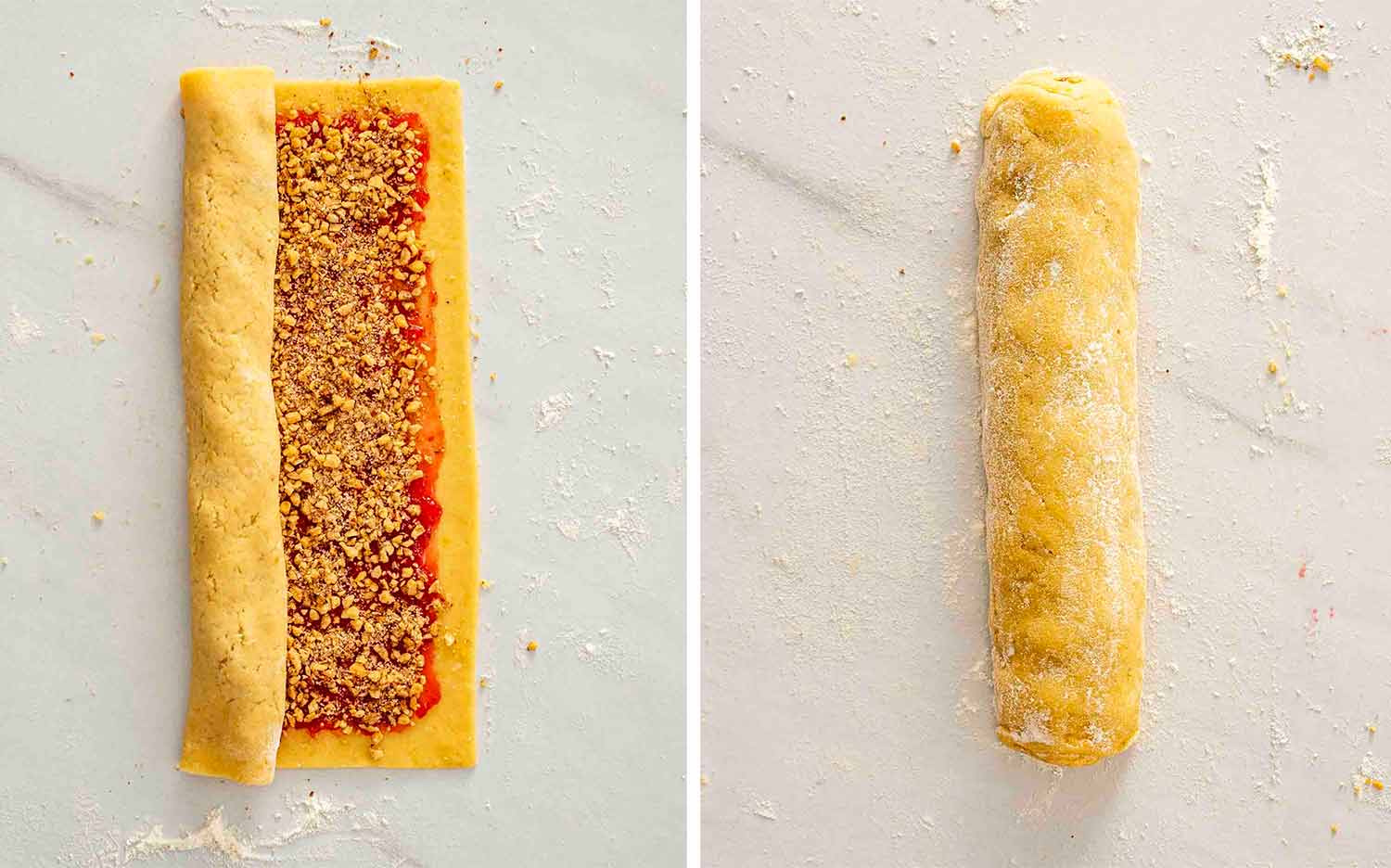 process shots showing how to make italian nut roll cookies.