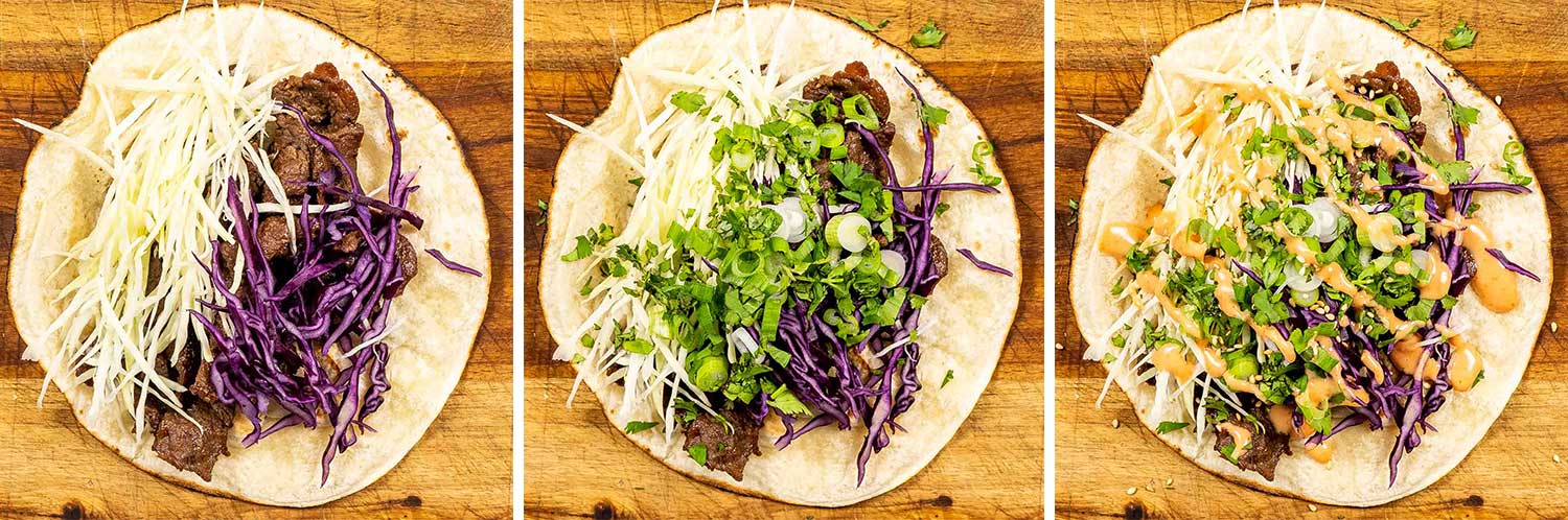 process shots showing how to make korean beef tacos.