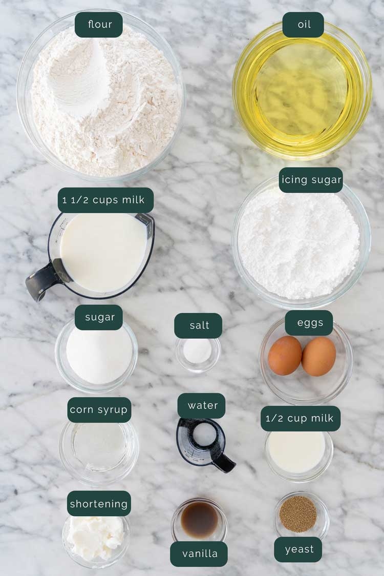 overhead shot of all the ingredients needed to make krispy kreme donuts