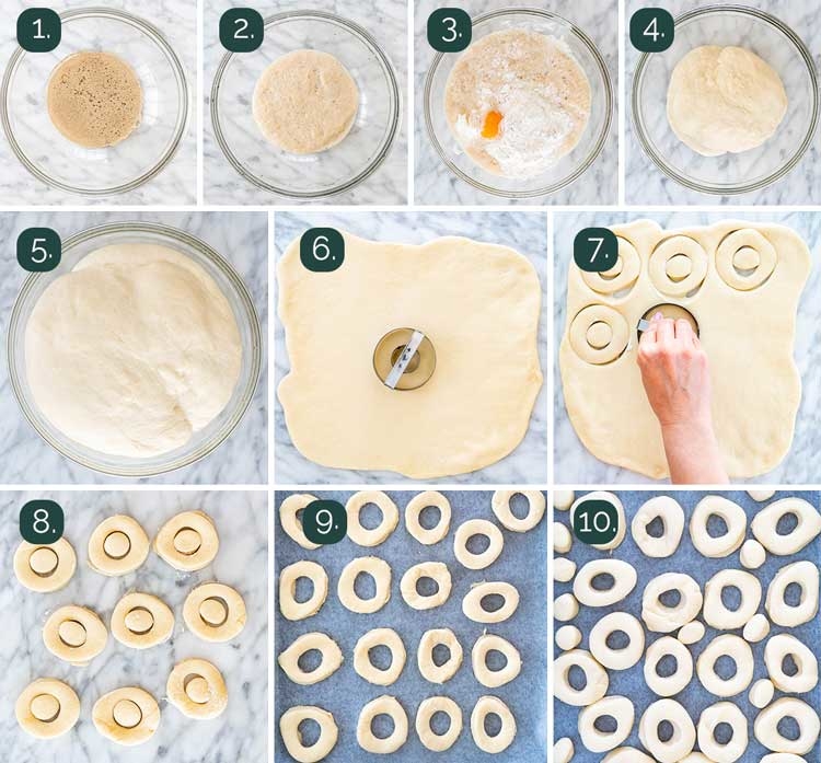 process shots showing how to make donuts dough and how to cut them