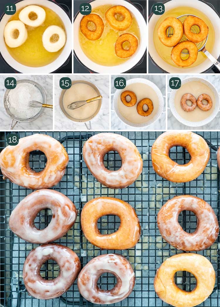 process shots showing how to fry donuts and glaze them