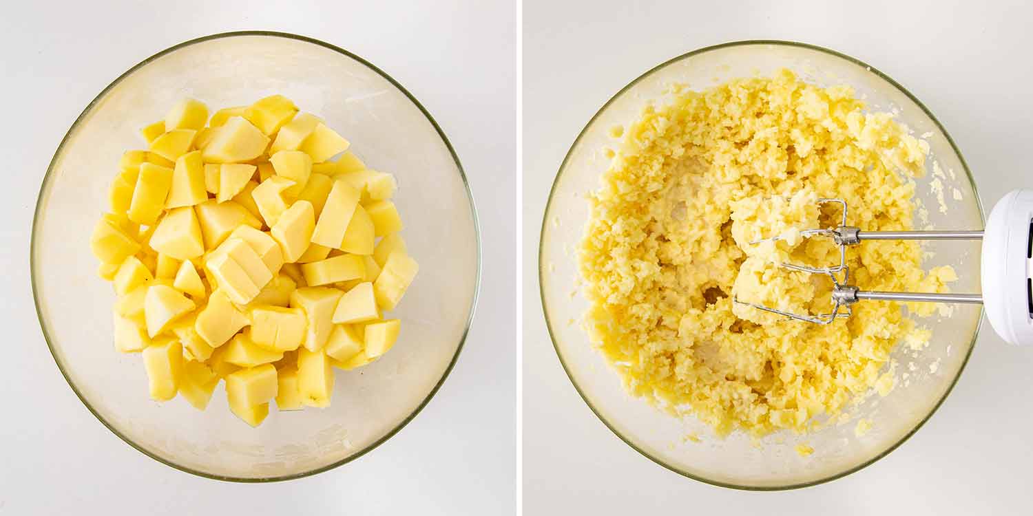 process shots showing how to make mashed potatoes.