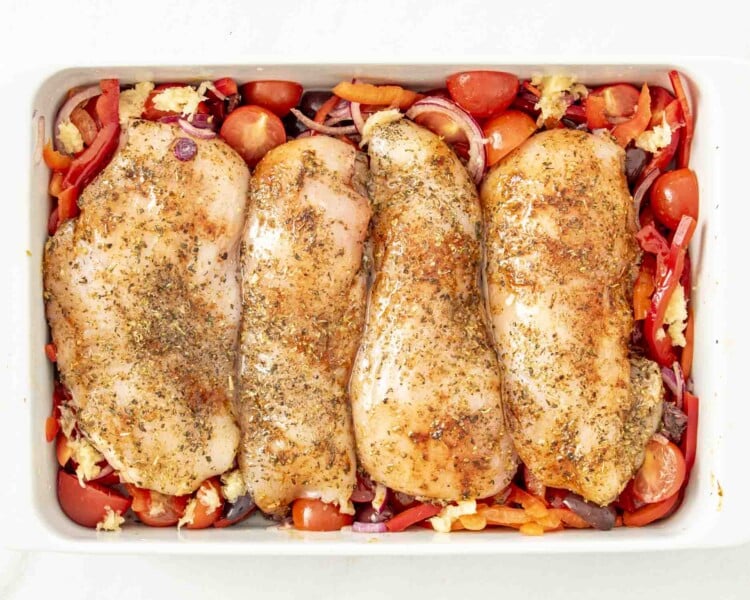 process shots showing how to make mediterranean chicken bake.