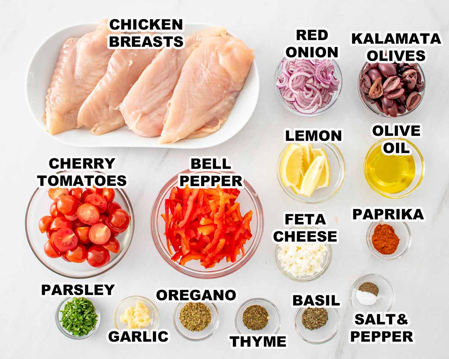 ingredients needed to make Mediterranean chicken bake.