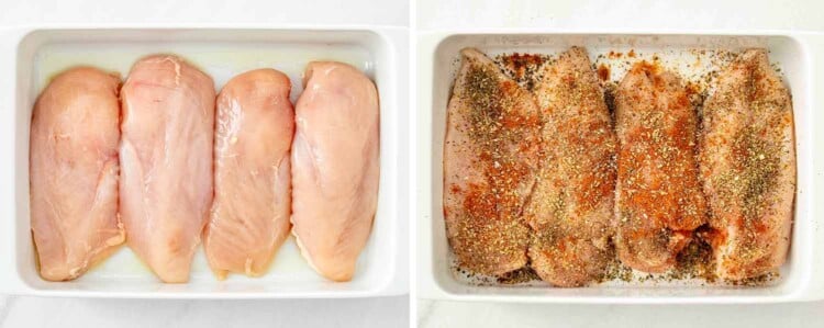 process shots showing how to make mediterranean chicken bake.