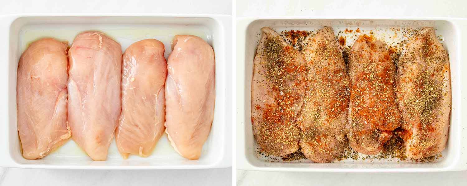 process shots showing how to make mediterranean chicken bake.